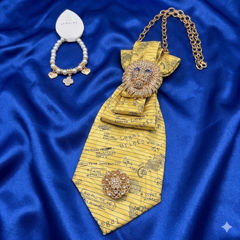 Roberto Cellini Legal Briefs Yellow Tie Necklace Rhinestone Lion & Bracelet Set